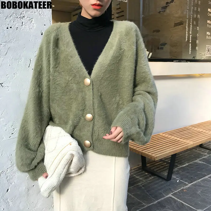 

BOBOKATEER Korean Autumn Winter Clothes Plus Size V neck Pink Knitted Female Cardigan Sweater Women Casual Pull Fashion 2019