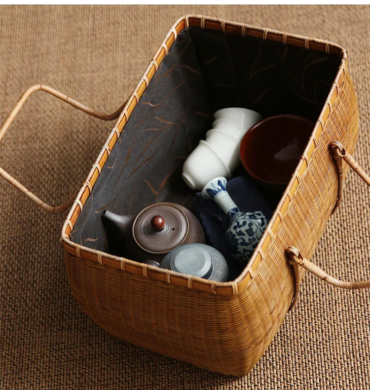 Китайский стиль путешествия лакированный чай коробка Бамбуковая ткань корзина портативный путешествия чай-вещи футляр для чеков чистый ручной ротанга бамбуковая сумка