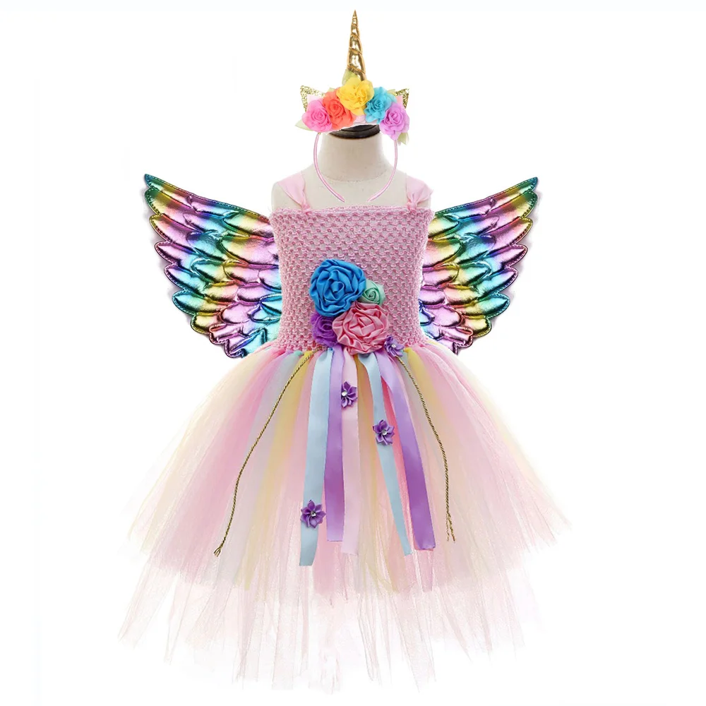 Платье-пачка с розовыми цветами для девочек на день рождения, с изображением единорога; детское платье с цветочной лентой и кисточками; костюм для девочек; Одежда для девочек с милым единорогом