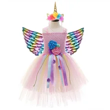 Платье-пачка с розовыми цветами для девочек на день рождения, с изображением единорога; детское платье с цветочной лентой и кисточками; костюм для девочек; Одежда для девочек с милым единорогом