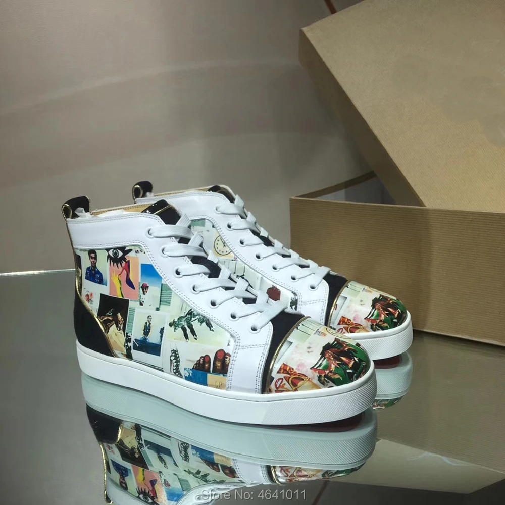 High Top Leisure cl andgz lace up Color Graffiti portrait Rivets Red bottoms For men Sports shoes sneakers Leather Flat Loafers