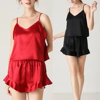 

Fashion Summer Solid Color Sexy Women V Neck Imitation Silk Camisole Strap Top Shorts Sleepwear