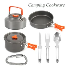 Outdoor Hiking Picnic Cookware Pot Set with Folding Knife Tableware Set Non-stick Pot Pan Camping Trip Cookware Water Bottle
