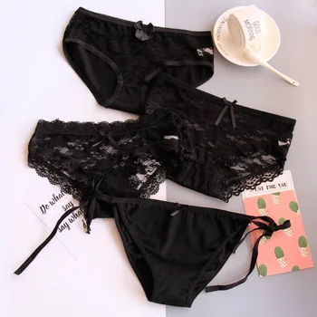 

Pack of 4 Bow Lace Women's Panties Mid-Waist Briefs Girl's Black Pants plus Size Lace Queen