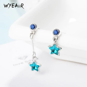 

WYEAIIR Asymmetry Blue Crystal Stars Simple Fresh Cute 925 Sterling Silver Female Dangle Earrings