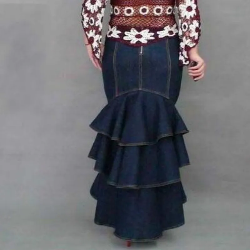 

2020 New Fashion Womens Denim Multi layers Pleated Maxi Long Bodycon Swing Fishtail Skirts Female Plus Size S-2xl Free Shipping