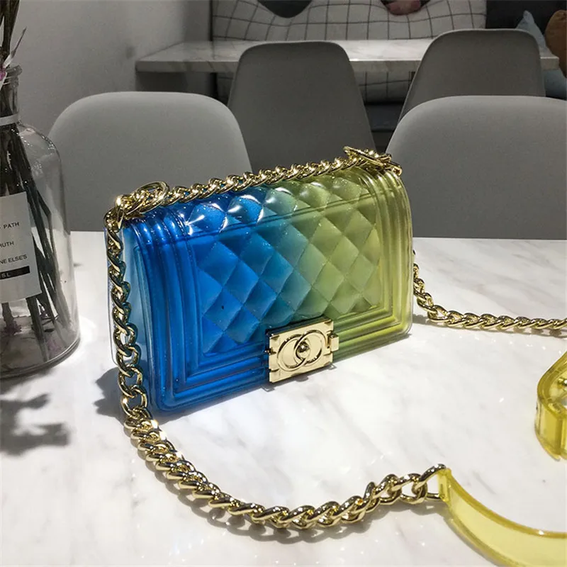 

Gradient Color Silicone Jelly Bag 2019 Shoulder Messenger Bags Square Plaid Bag Transparent Two-color Rhombic Chain Channel Bags
