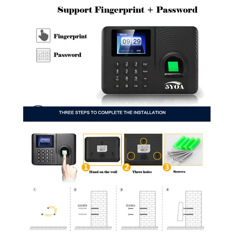 5YOA A10FY biometric attendance system fingerprint usb time clock English Spanish Portuguese recorder sensor machine reader fingerprint scanner