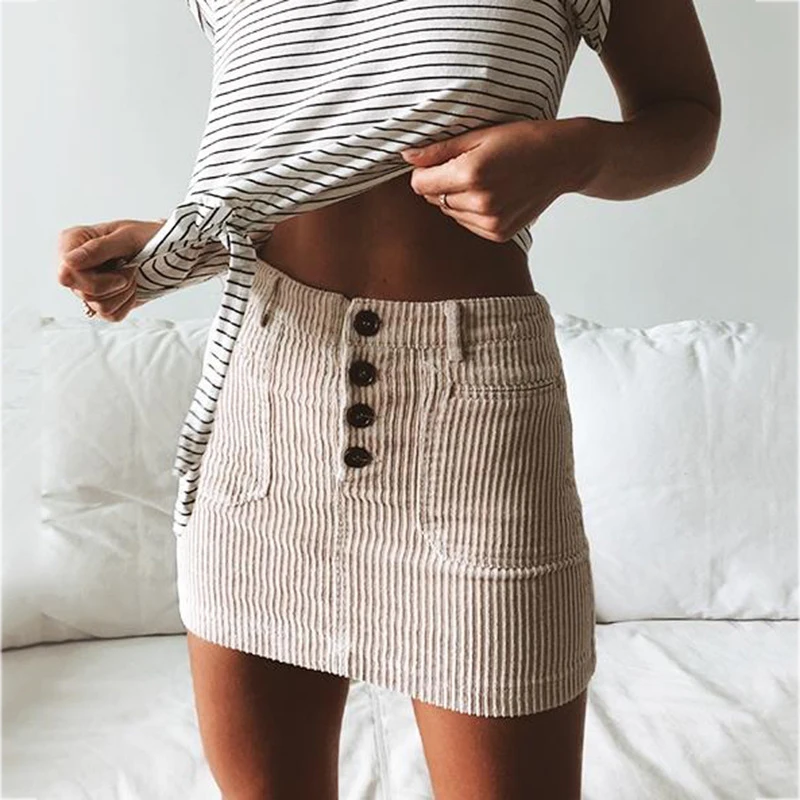 

WHOSONG Casual Button Corduroy Skirt Women Vintage High Waist Slim Pencil Skirts Female Autumn Mini Short skirt