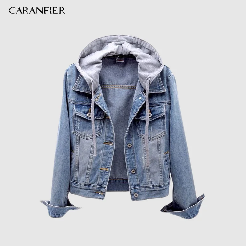 New  CARANFIER 2019 European Plus Europ Size Short Denim Jacket Autumn Fashion Bomber Denim Hooded Jacke