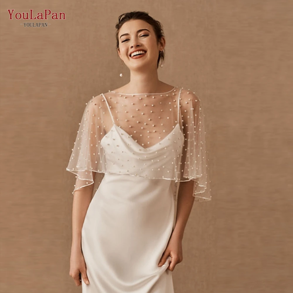 YouLaPan G27 Pearls Bridal Cape Cloak Cover over the Shoulder Wedding Shawl Short Front Long Back Elegant DIY Wedding Shawl