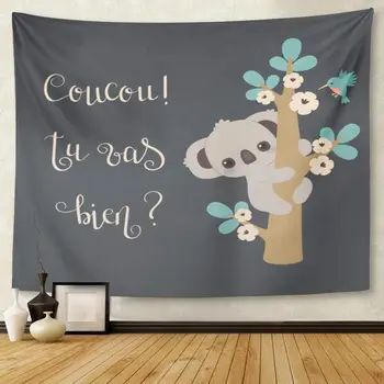 

Cute Koala Climbing on Tree and Handwritten Lettering in French Coucou Tu Vas Bien Means Hello are You Tapestry Wall Hanging