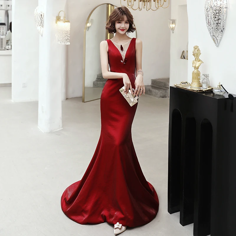 SSYFashion Новое красное вечернее платье русалки, зимнее винтажное велюровое тонкое платье с коротким шлейфом, Длинные вечерние платья для выпускного вечера, Vestidos De Noche