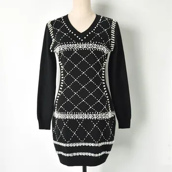 

Luxury Brand Designer Knitted Dress for Women Vintage V Neck Long Sleeve Beading Knitted Dress Black White