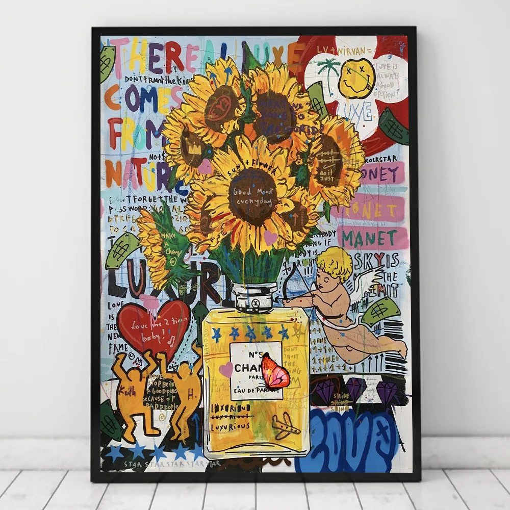Canvas Painting Perfume Bottle And Sunflower Street Graffiti Art Poster Print Wall Picture For Living Room Home Decor Canvas Painting Perfume Bottle And Sunflower Street Graffiti Art Poster Print Wall Picture For Living Room Home Decor