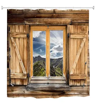 

Farmhouse Shower Curtain, Old Wooden Barn Door Window Pattern with Mountain Hill Sky Nature View, Waterproof Fabric 3D Bath