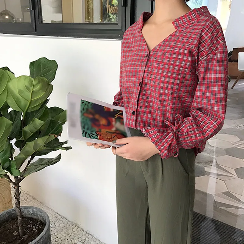 Women Autumn V-neck Loose Blouses  Sweet Casual Long Sleeve Shirt  Korean Clothes Women Fashion Plaid Blouse Tops women blouses
