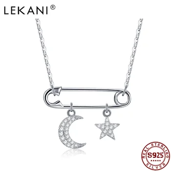 

LEKANI Unique Paper Clip Three Pendants 925 Sterling Silver With Cubic Zircon Moon And Star Women Necklace Special Fine Jewelry