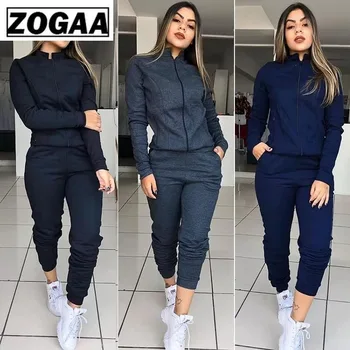 

ZOGAA Women 2 Pcs Sets Solid Sweatshirt+Pants Tracksuits Women Causal Zipper Hoodies Sweatsuits Slim Fit Sweatsuits Streetwear