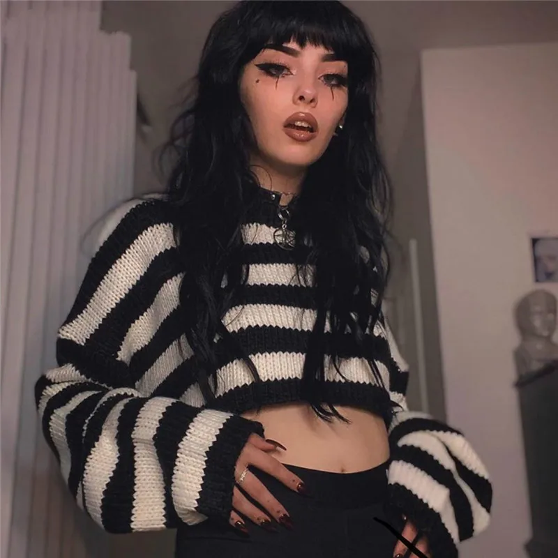 Женские винтажные свитера в полоску Goth большие пуловеры с длинным рукавом модная