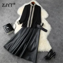 Aliexpress - Spring Autumn Designers Runway Set Office Lady Party Two Piece Outfits Luxury Embroidery Chiffon Shirt and PU Leather Skirt Suit