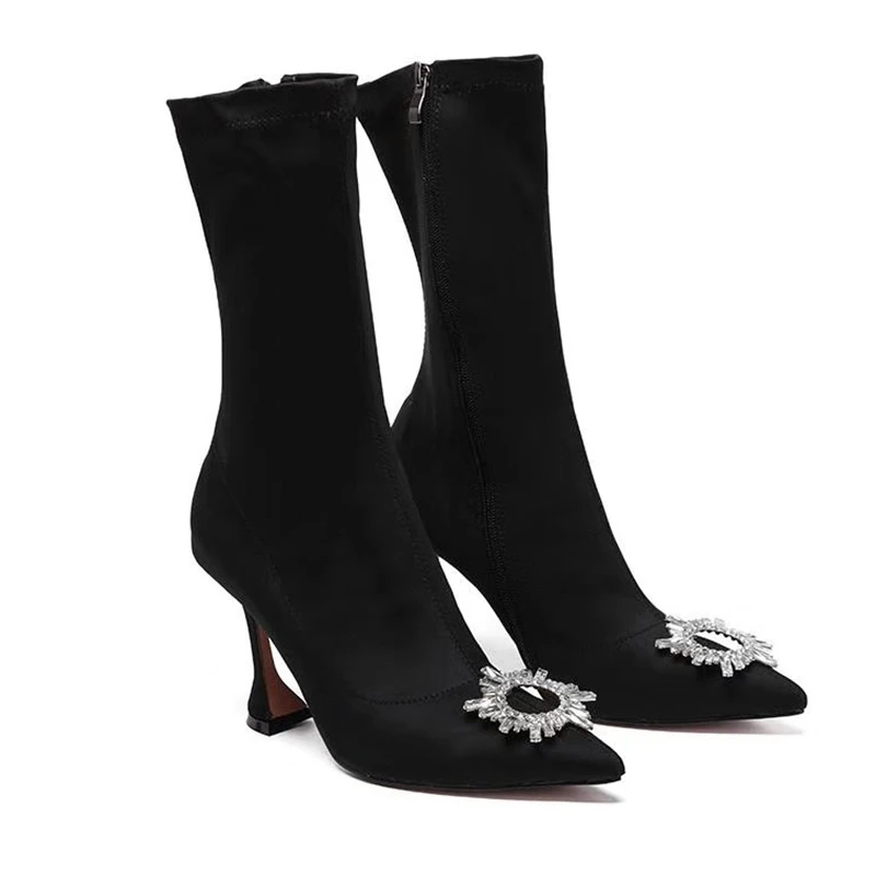 Облегающие Женские ботинки из эластичной ткани; ботильоны с острым носком и цветком из страз; женские ботинки на высоком каблуке с боковой молнией - Цвет: Black 7CM heel