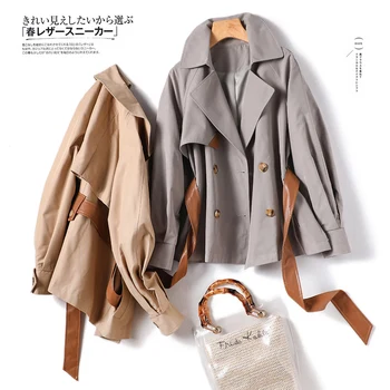 

short trench coat for women cottton Casual loose Appliques Adjustable Waist Double Breasted women parka windbreaker