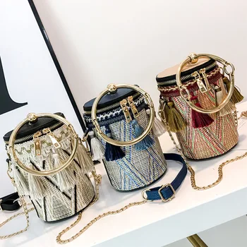 

LISM new ladies bag chain ethnic wind ring shoulder bag straw bag small bag small fairy tassel bucket bag ladies storage bag