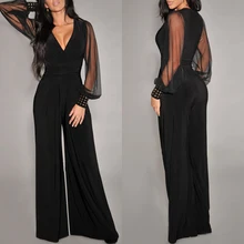 

New Mesh Rivet Straight Wide Leg Female Fashion Stitching Wrap Mesh Sleeve Jumpsuit Spring Summer Women Deep V Black Jumpsuit