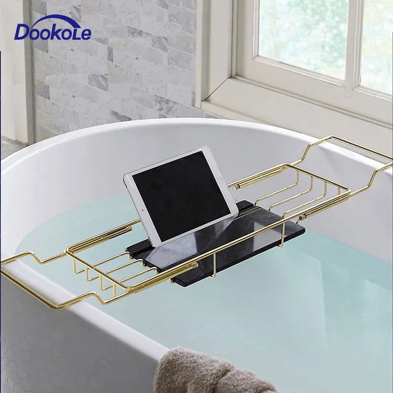 

Stainless Steel Bathtub Caddy Tray Expandable Bath Organizer Gold, Bathtub Shelf for Reading with Book and Wine Rack