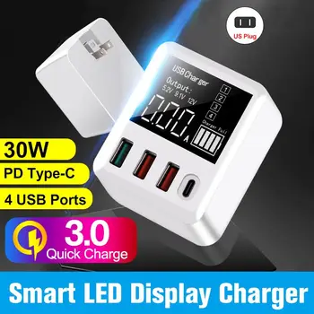 

30W Multi-port USB Charger LCD Digital Display QC3.0 Fast Charger Travel USB Hub Extension Socket US EU UK Plug