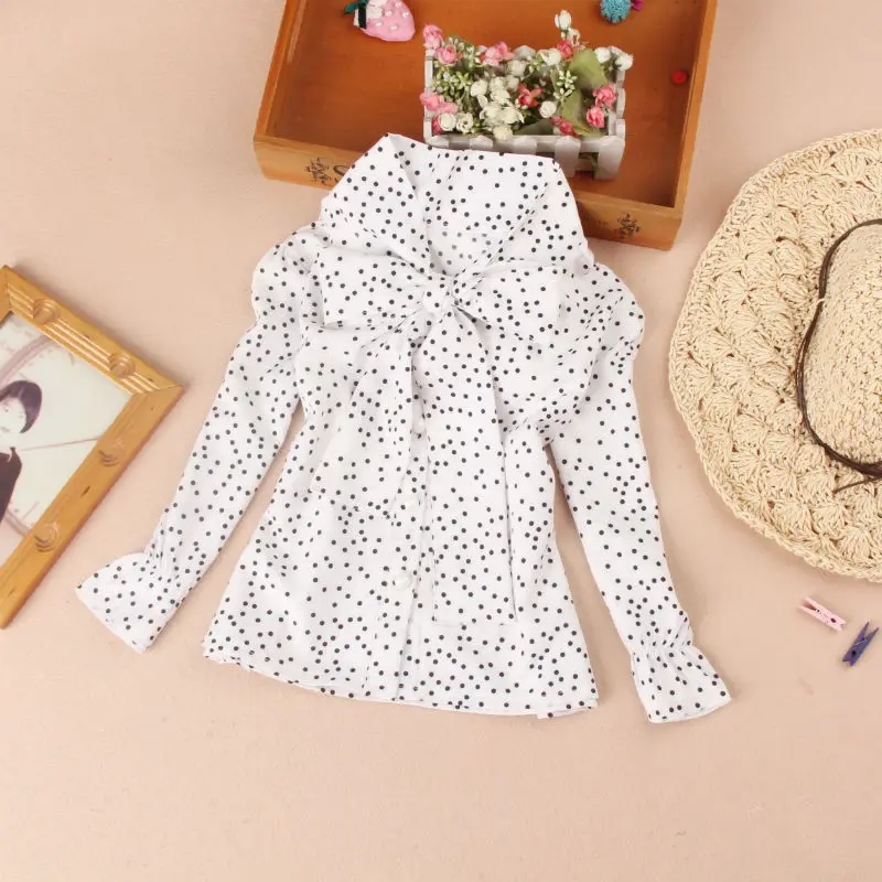 New Autumn Chiffon Blouse for Girls Long Sleeve Tops Korean Children Clothing School Girl White Dot Shirts Bow Patten Clothes