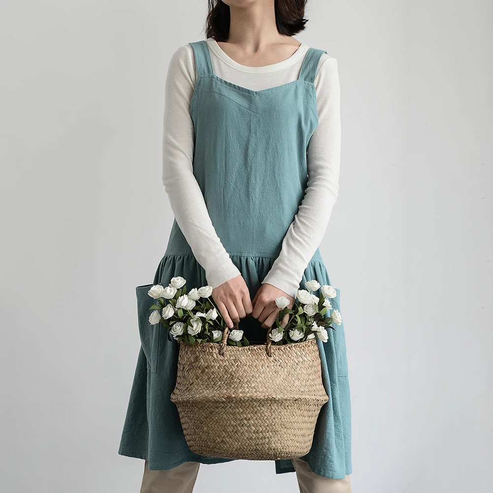 Women Antifouling Cross Back Pockets Cooking Baking Apron Dress Work Clothes Garden Tool Apron, Kitchen Baking Cotton Apron Cook
