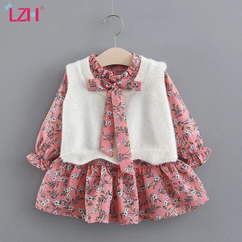 

LZH Infant Party Dress New Autumn Winter Baby Velvet Vest+Long Sleeve Floral Print Dress For Baby Princess Dress Newborn Clothes