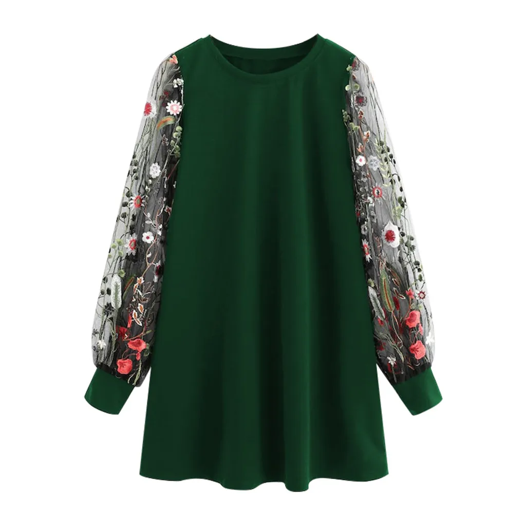 Цветочные осенние платья для женщин, элегантный сетчатый пуловер с круглым вырезом и длинным рукавом с цветочной вышивкой, Повседневные Вечерние зеленые платья для девочек - Цвет: Зеленый