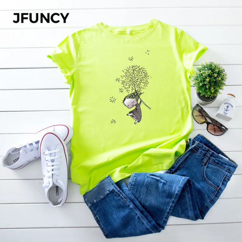 Футболка JFUNCY женская с коротким рукавом Модный хлопковый топ принтом