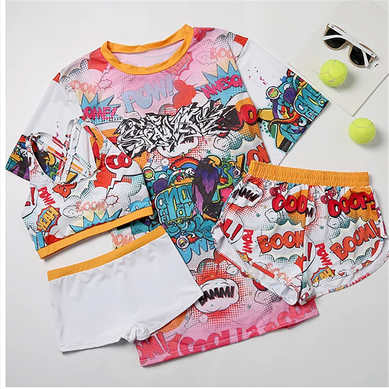 

Swimwear Women Sexy High Waist tankini Four Piece Bikini With Cover Up Swimsuit Cute Cartoon Print Bathing Suit Family Swim Suit
