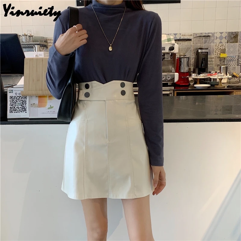 Осень-зима, женские юбки Faldas Mujer Moda,, высокая талия, черные, белые, из искусственной кожи, мини юбки, женская уличная мода, элегантная юбка