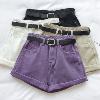 

Summer Women Purple Denim Shorts 2020 Female High Waist Loose Wide Leg Pants Curled Hot Pants For Womens