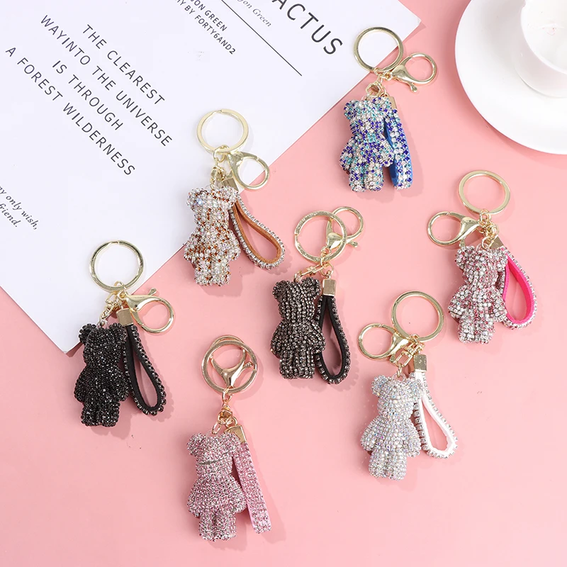 Rhinestone Cute Bear Key Chain Tassels Keychain Anti-lost Pendant Holiday  Car Key Ring Chain Holder Keyfob Jewelry For Girl Gift