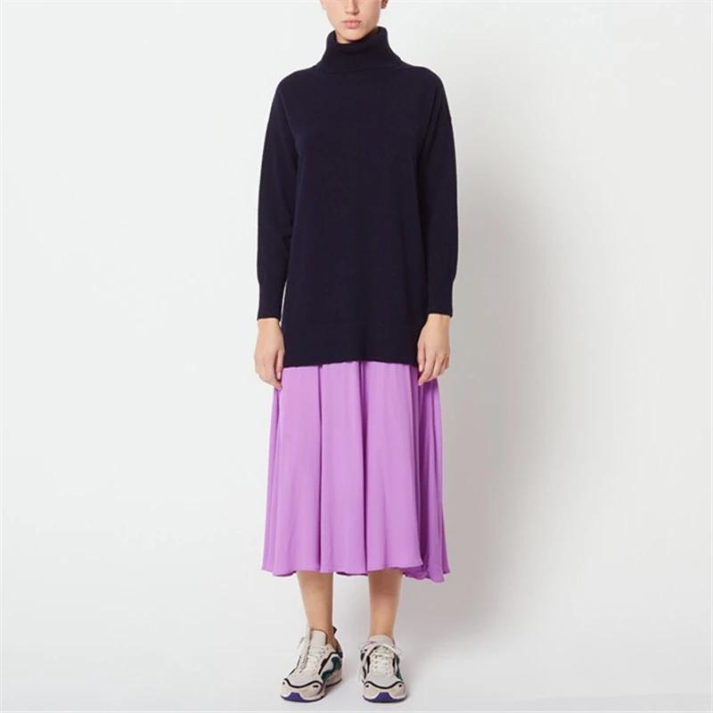 Tunjuefs свободное открытое вязаное платье для женщин Vestido водолазка Шифон Подол лоскутное одеяло длинный рукав пуловеры для подиума зима