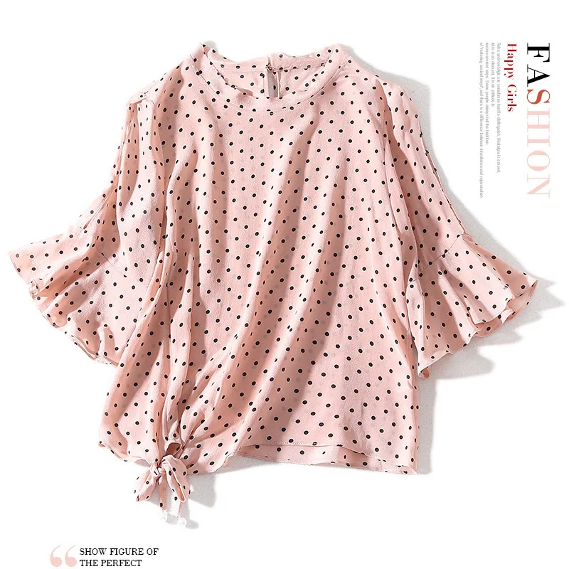 

New round collar wave points in printing hollow out 5 minutes of horn sleeve side with hem silk blouse female