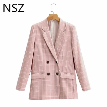 

NSZ women pink plaid oversized blazer double breasted suits jacket checked formal coat office ladies business outwear