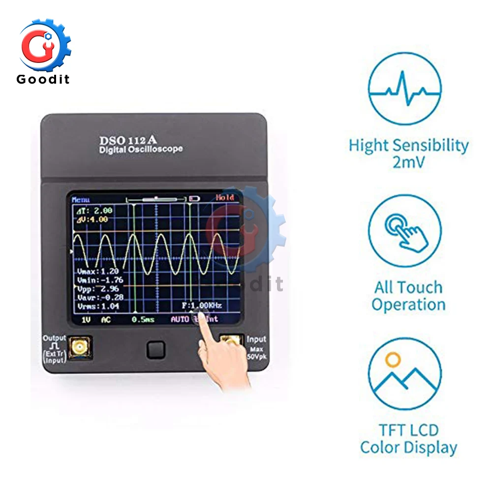 Tela de Contato Mini Osciloscópio Digital Toque Portátil Usb Interface 2 Mhz 5 Msps Dso 112a Tft