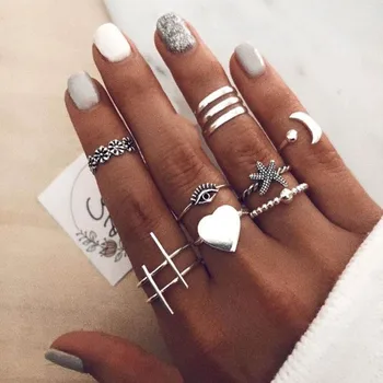 

Vintage Boho Moon Joint Love Ring Set Finger Knuckle Rings for Girls Women Heart Starfish Flower Eye Wedding Ring Jewellery