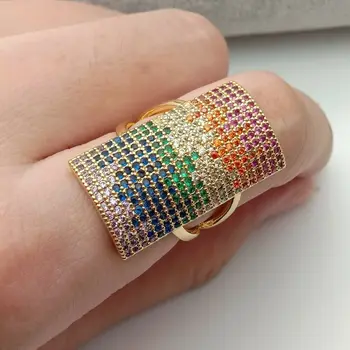 

Big Statement Rectangle Gold Color rainbow CZ lady Ring open adjust rings