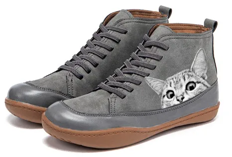 New Autumn And Winter  Retro Warm  Booties Women Comfy Cartoon Cats Print Suede Buckle Casual Flat Ankle Boots Mujer Botas 