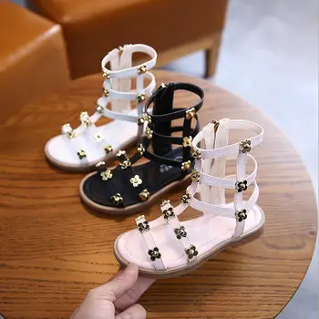 

Summer 3 Colors Baby Girl Cut-Outs Hollow Roman Sandals Children Knee Boots Gladiator Kid Flat Glitter Star Zipper PU Shoes