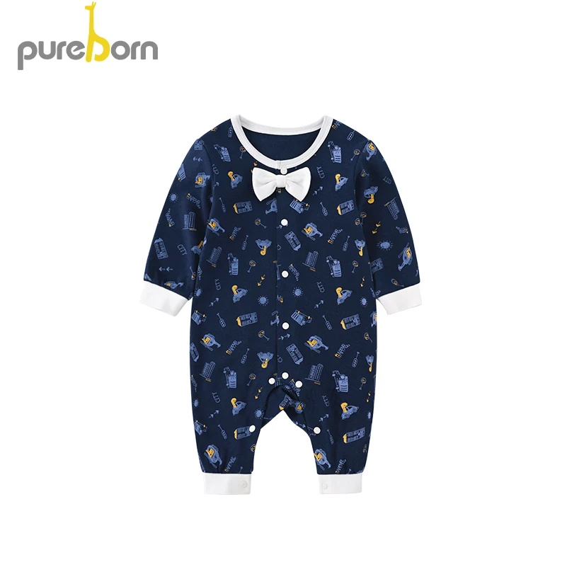 Pureborn/Одежда для младенцев; весенние комбинезоны для новорожденных мальчиков; комбинезон с длинными рукавами и бантом; костюм для дня рождения, вечеринки, свадьбы