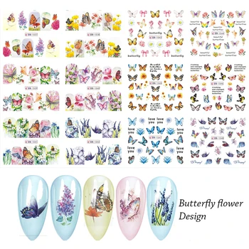 

12 Designs Colorful Lovely Flower Butterfly Nail Sticker Water Decal Slider Design Nail Tattoos Wraps Decoration MYBN1537-1548